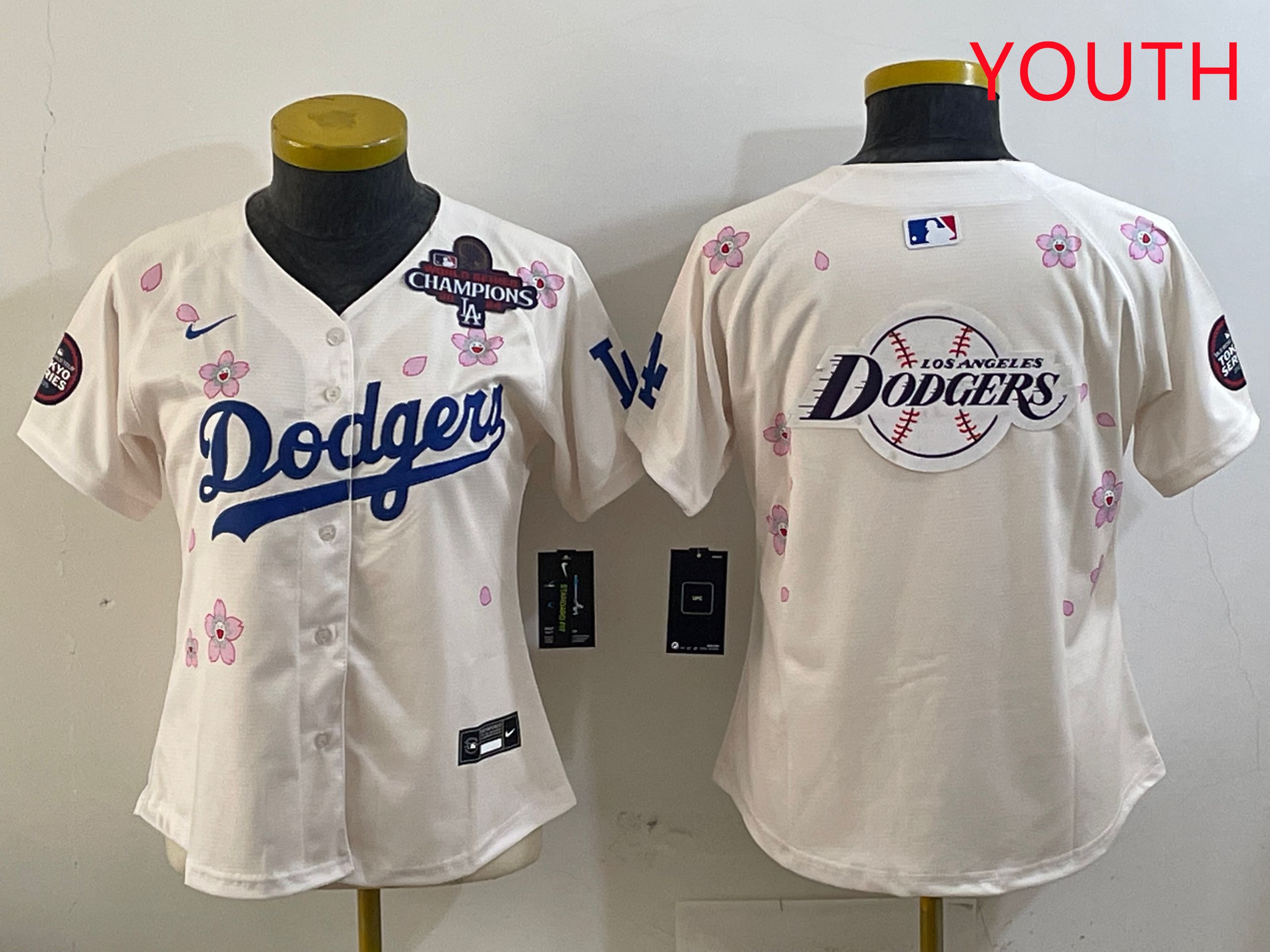 Youth Los Angeles Dodgers Blank Cream Sakura Edition 2025 Nike MLB Jersey style 27